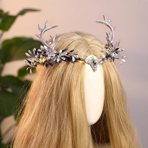 Fairy Crown Silver Antler Floral Headband for Women Renaissance and Cosplay